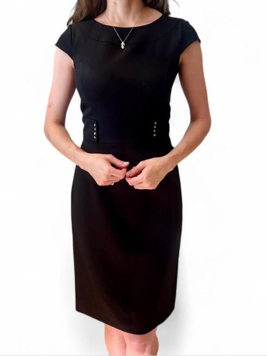 Tahari Dresses & Skirts - Tahari Cap Sleeved Black Dress With Gold Embellishments at Waist SZ 6 NWOT